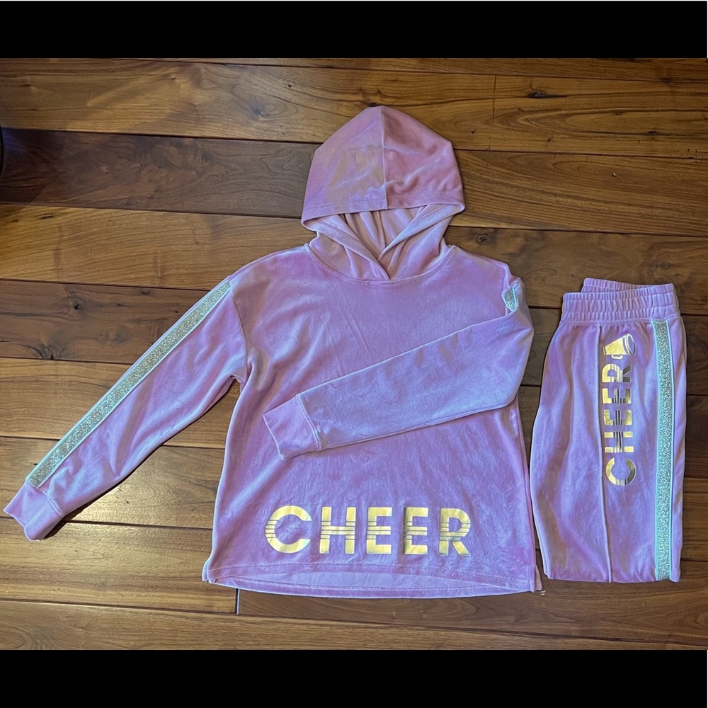 Justice Blush Pink & Gold Velour Cheer Hoodie/Sweatpants Set (never worn)